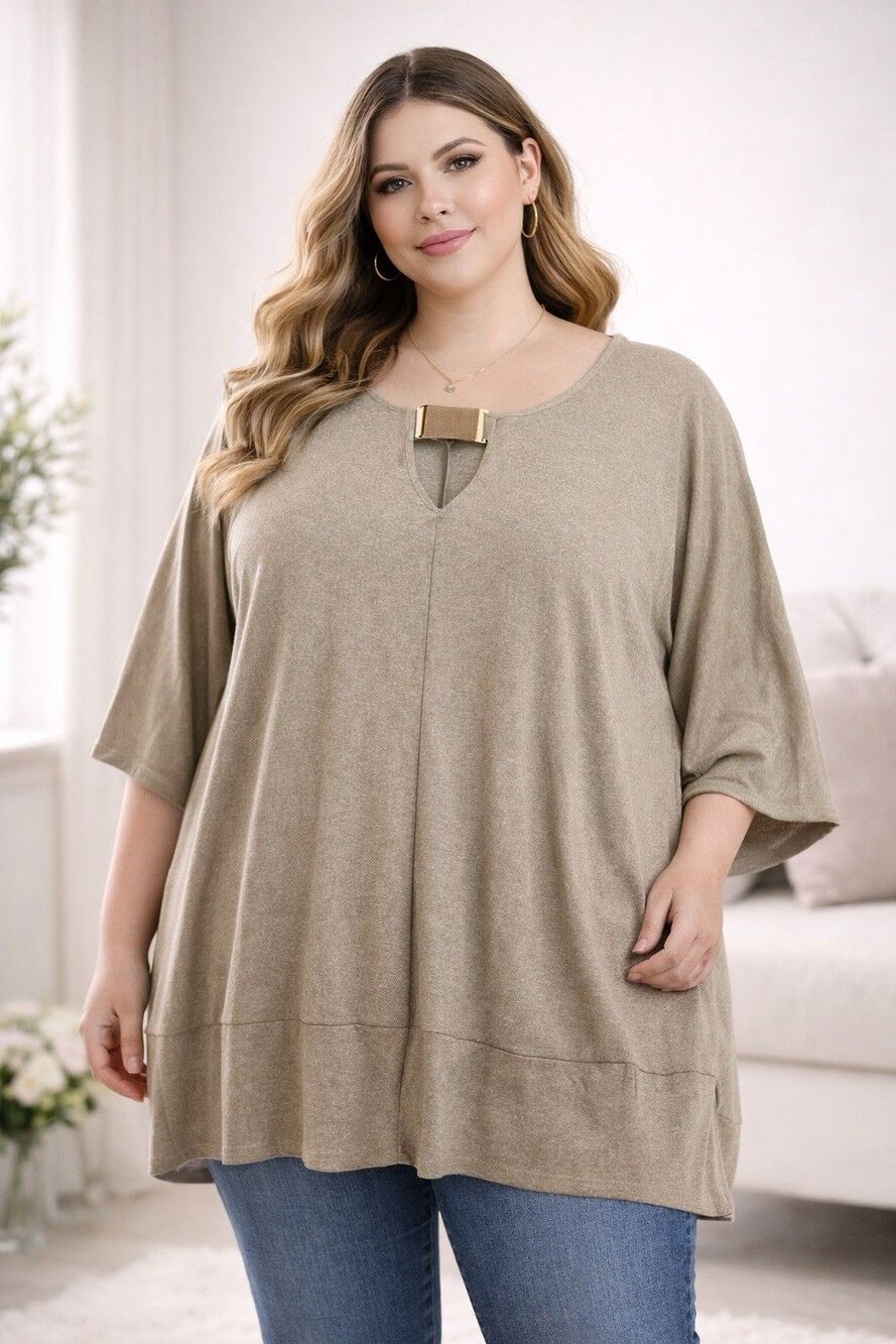 AUW Women 2X Oversized Tunic Top Beige Batwing Sleeve Loose Fit Blouse